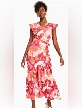 Bar III Coral & Pink Abstract Print Wrap Maxi Dress